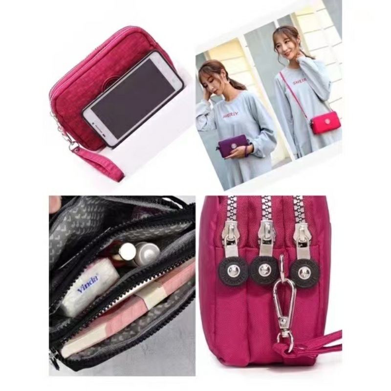 Carteira Bolsa Tiracolo  Pequena de Mão Com 2 Alças  3 Camadas Com Zíper Porta Celular Nylon