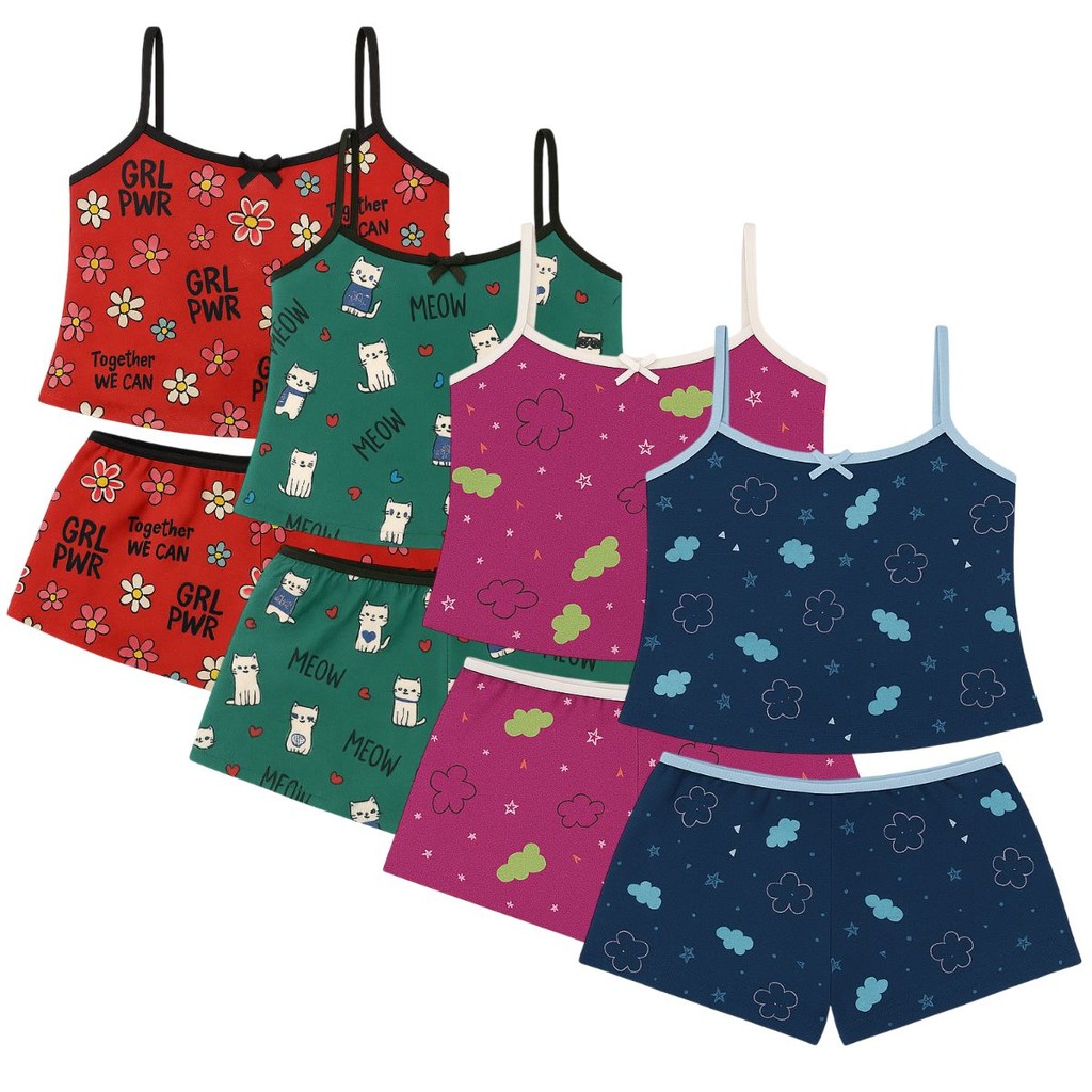 Kit 4 Pijamas Infantil Baby Doll Estampado com Short Doll Conjunto Micro Roupa de Dormir Confortavel