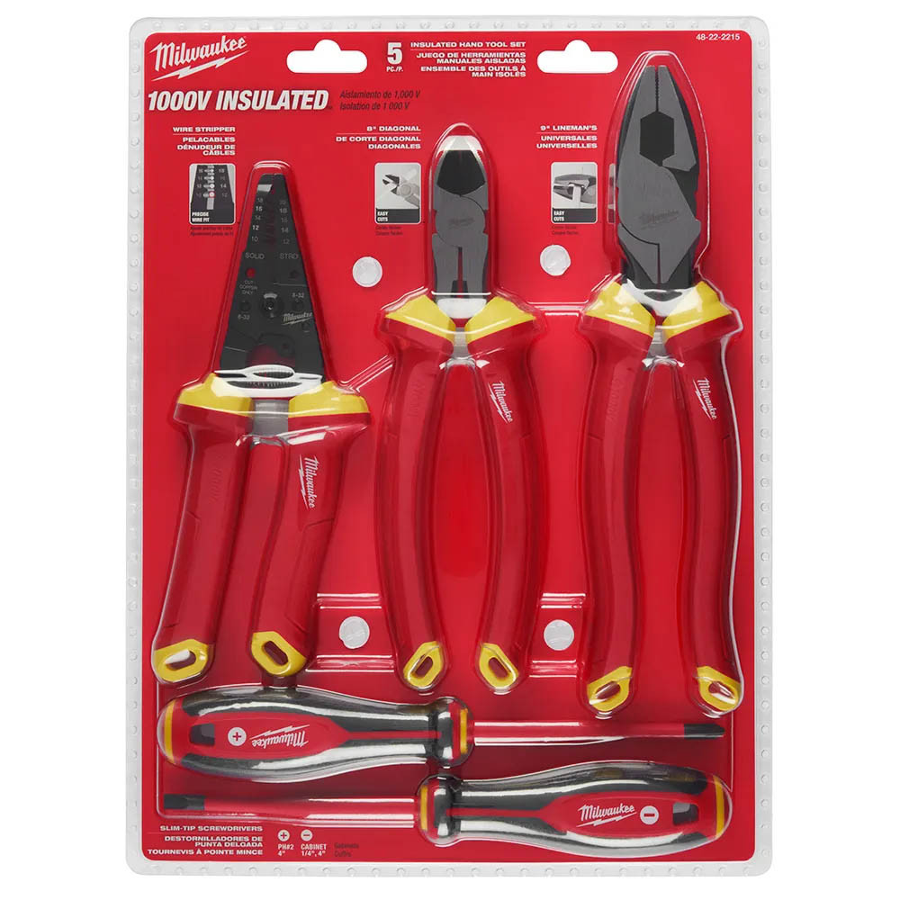 Kit Eletricista MILWAUKEE 48-22-2215 com 5 Peças Alicates e Chaves Fenda e Phillips Isoladas 1000v