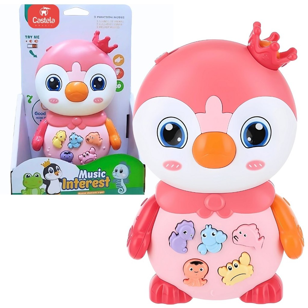 Pinguim Interativo Brinquedo Infantil Sons e Luz Divertido Rosa Castela - Mom & Baby