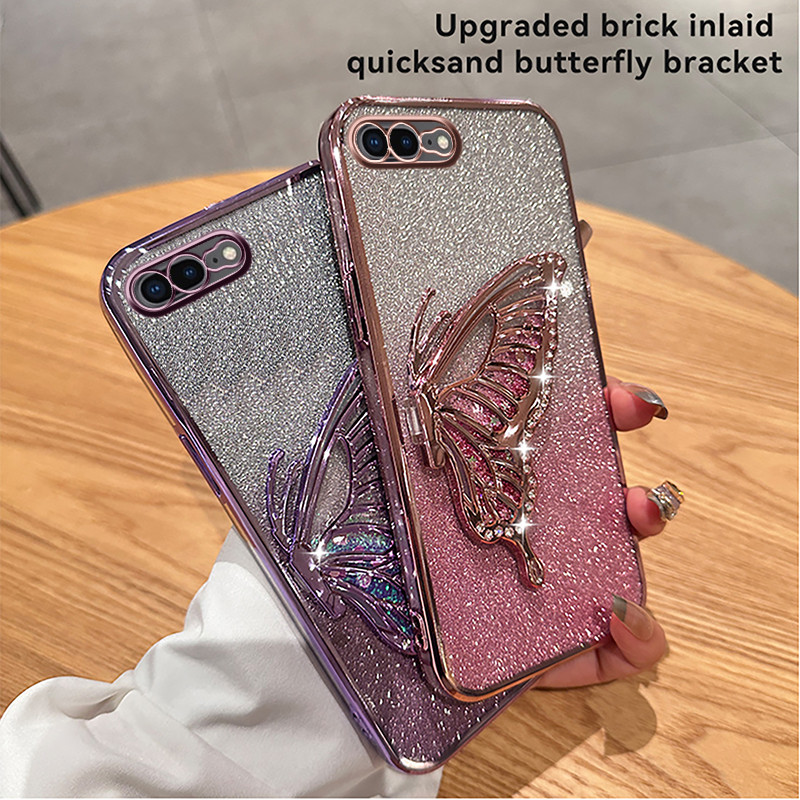 Luxo Areia Movediça Suporte Caso Para iPhone 7 8 Plus Silicone Claro Bonito Brilho Glitter À Prova De Choque Com Do Tele