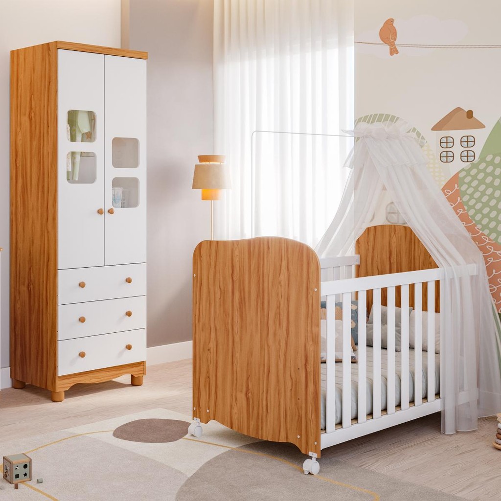 Quarto de Bebê Completo Berço Americano Uli Guarda Roupa Uli 2 Portas 100% MDF Móveis Peroba