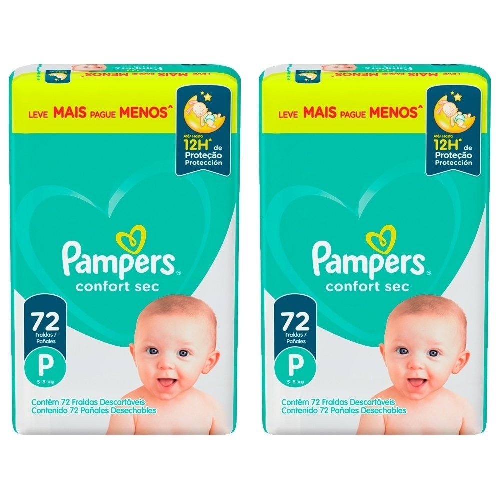 Fralda Descartável Pampers Confort Sec Tamanho P - 2 Pacotes com 72 Fraldas - Total 144 Tiras em Oferta na Shopee