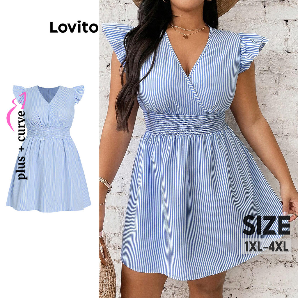 Lovito Vestido Plus Size Curve Elegante Listrado Smocked para Mulheres LBL17314