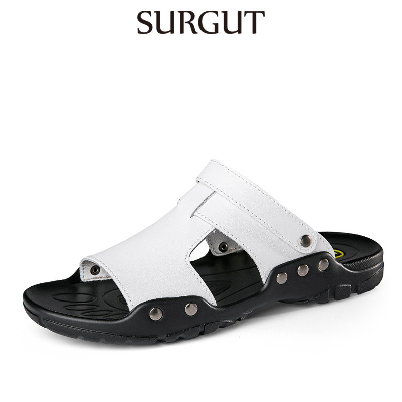 SURGUT Verão Sandálias Masculinas De Couro De Vaca Praia Anti-Skid Casual Leve F