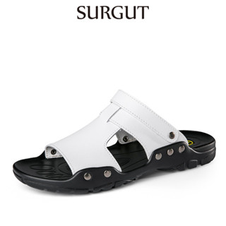 SURGUT Verão Sandálias Masculinas De Couro De Vaca Praia Anti-Skid Casual Leve Férias Sola De Borracha Macia Sapatos Tam em Oferta na Shopee