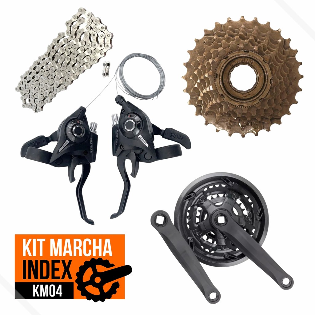 Kit Marcha Index Alavanca 21v c/Manete + Roda Livre 7v + Corrente + Pedivela 24/34/42