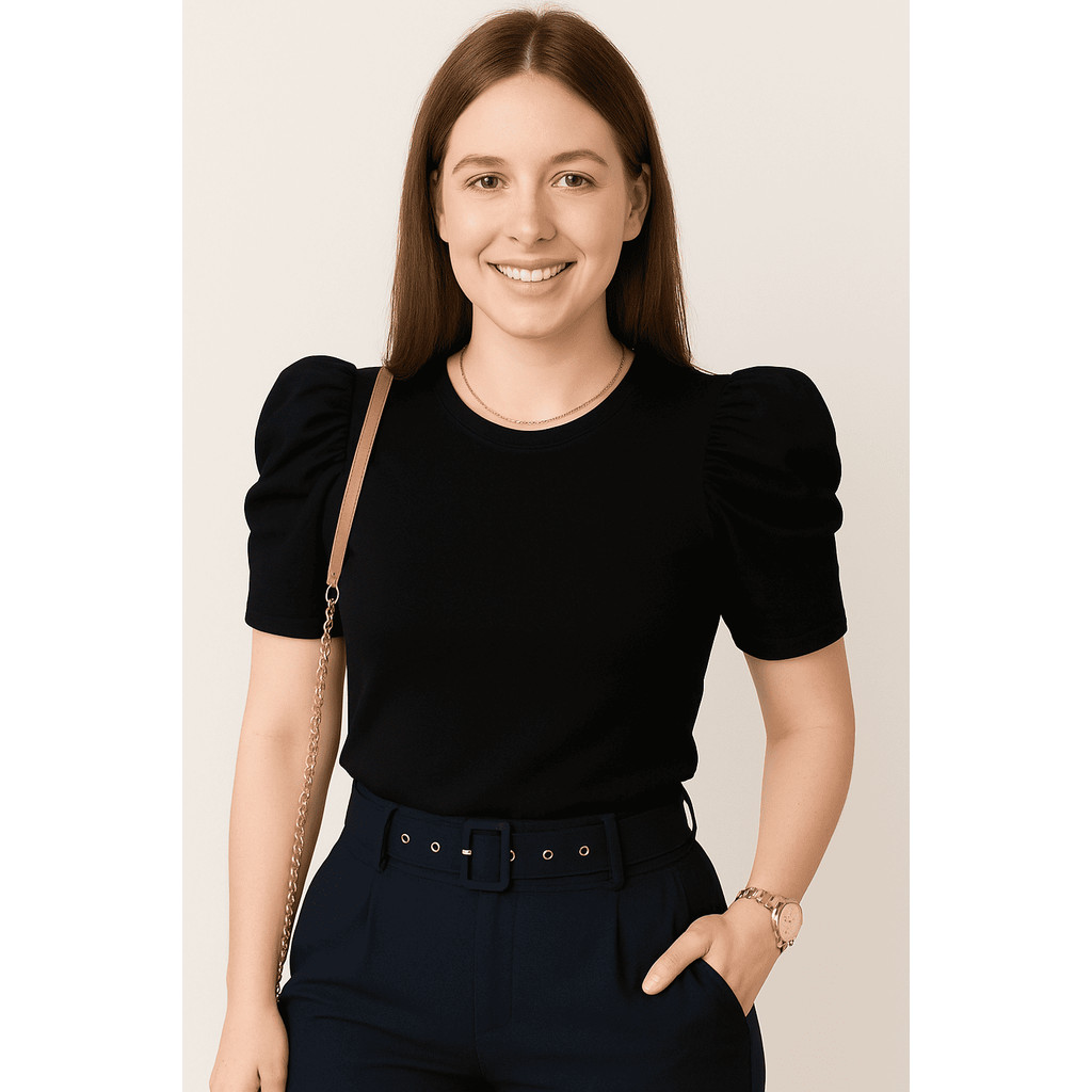Blusa feminina tecido canelado gola rasa manga curta princesa blogueira