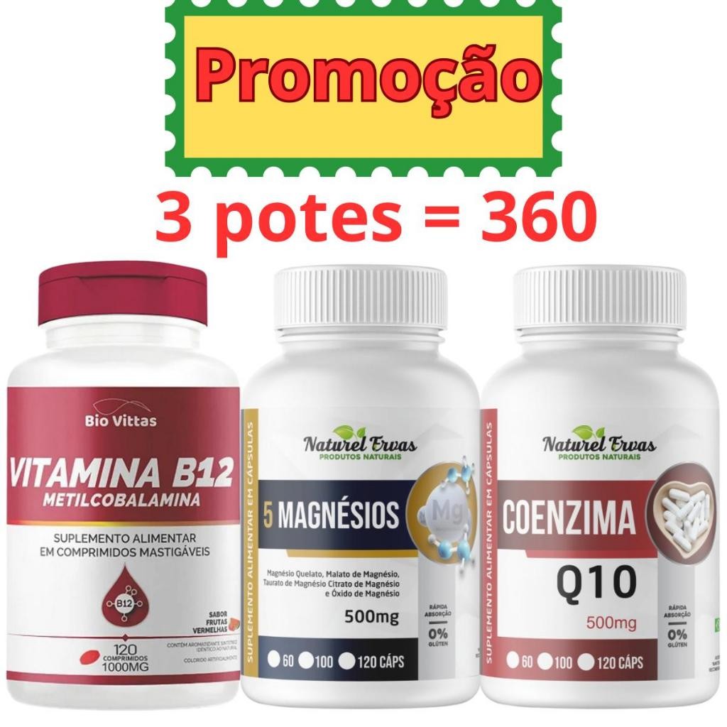 KIT 3 POTES = 01 Pote de Vitamina B12 Metilcobalamina 1000mg / 01 Pote de 5 Magnésios 500mg / 01 Pote de Coenzima Q10