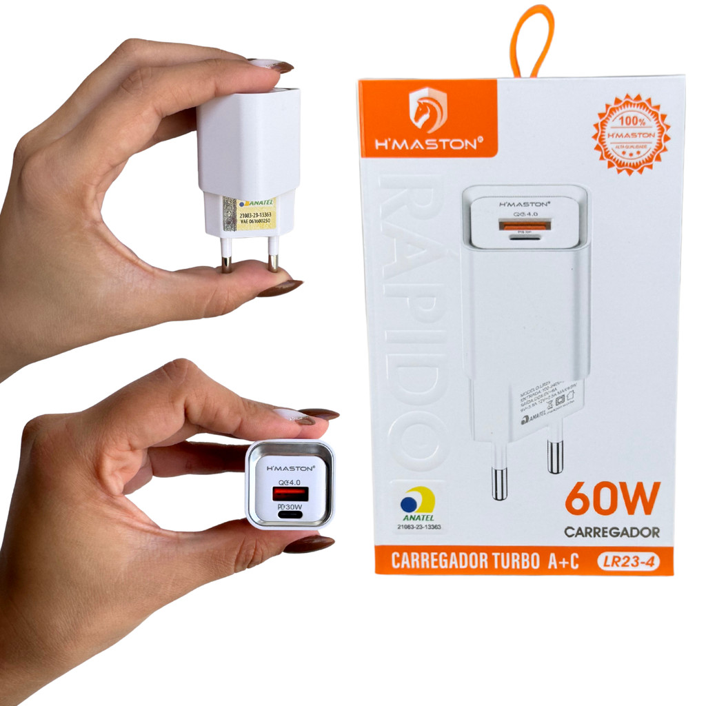 Carregador para Iphone Turbo 60W Porta Dupla + Cabo 1 Metro Lightning H'Maston LR23-4