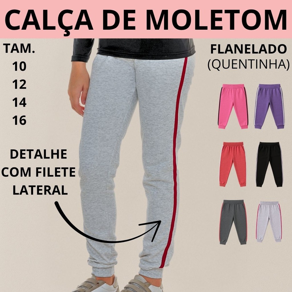 Calça Juvenil Moletom Peluciado 2 Bolsos Filete Lateral Barra Ribana Elastico Embutido Com Punho 3152-A