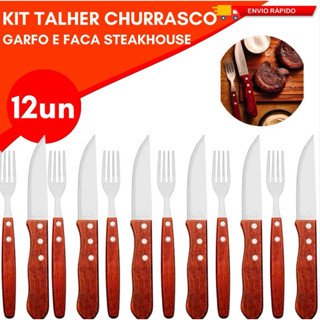 Jogo de Talher Churrasco 12 10 ou 6 Unidades Churascaria Steakhouse Cabo Madeira Lamina Aço Inox Premium em Oferta na Shopee