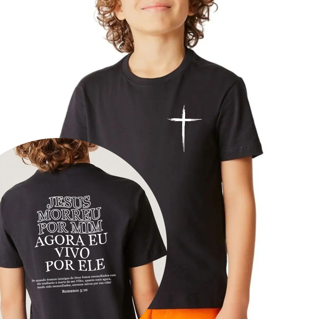 Camisa Camiseta Cristã Infantil Juvenil "Vivo por ele" Camisa Unissex 100% Algodão Envio Imediato.