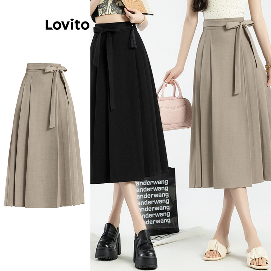 Lovito Saias Casuais Saias Plissadas Lisas Para Mulheres LNM69319 - Women Clothes
