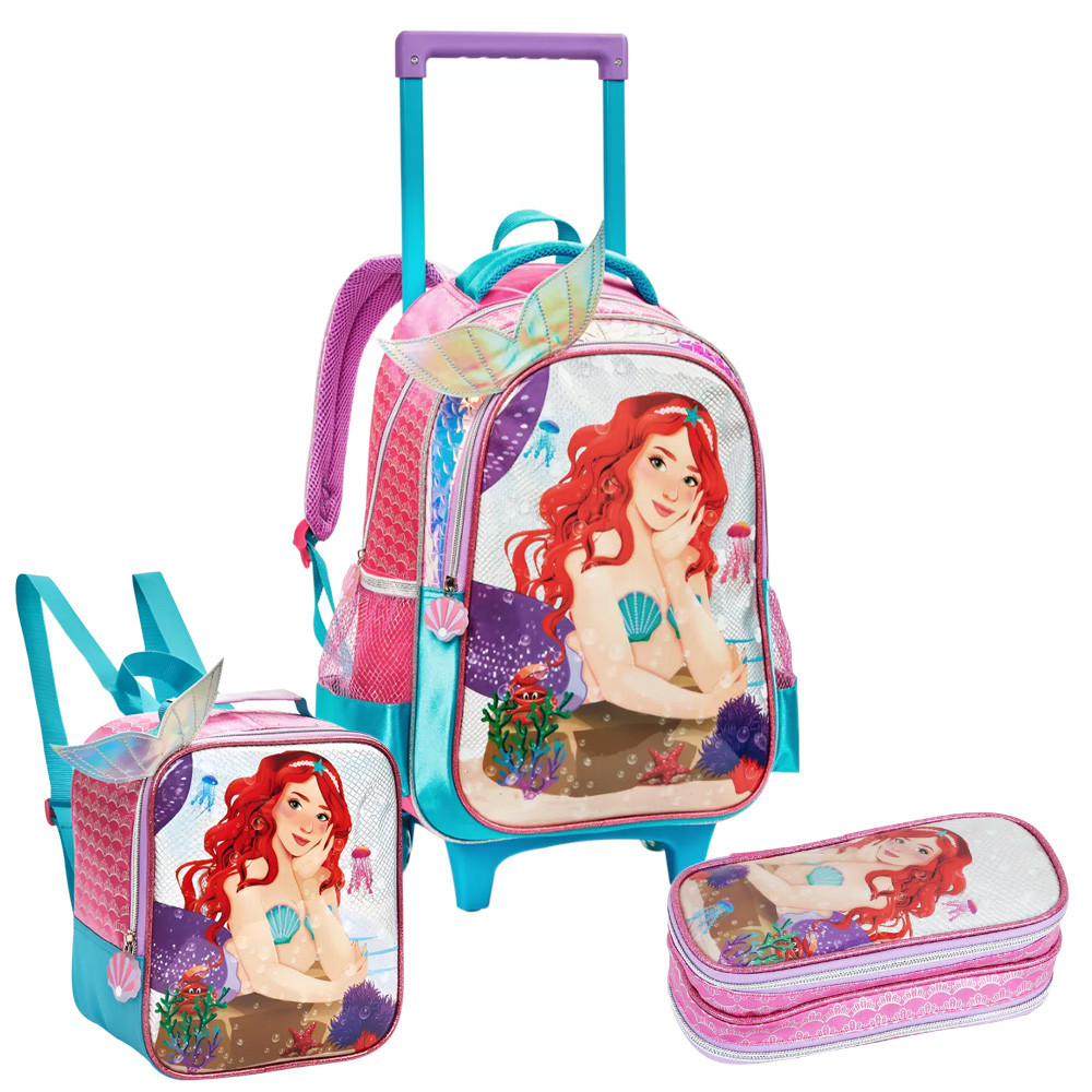 Kit Escolar Mochila De Rodinhas Lancheira Estojo Sereia 3D