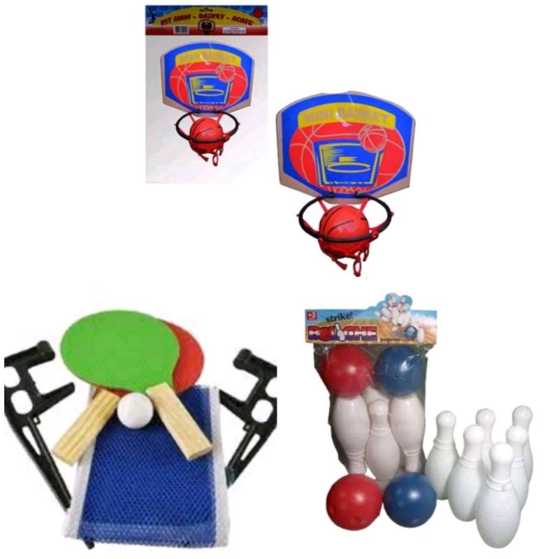 Kit 3 BRINQUEDOS SENDO Jogo De Basquete C/Tabela Cesta E Bola+REDE DE TENIS DE MESA E 2 RAQUETE  PING+MINI BOLICHE 6 PIN