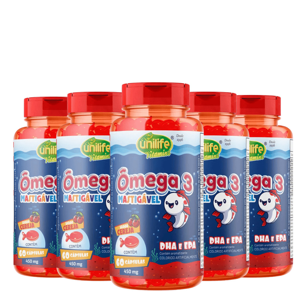 Kit 5 Omega 3 Kids Mastigavel 60 Capsulas - Unilife
