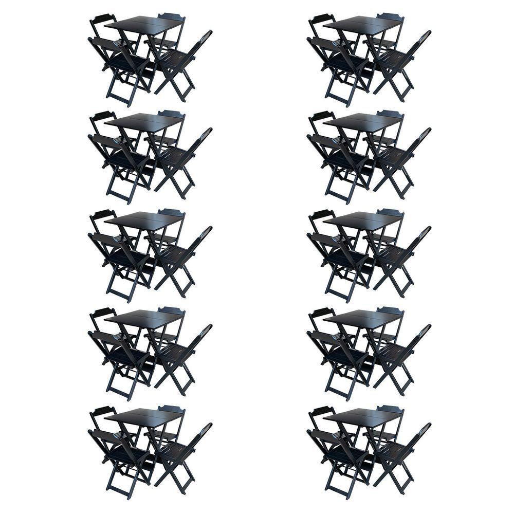 Kit 10 Conjuntos De Mesa Com 4 Cadeiras De Madeira Dobravel 70X70 Preto - Preto