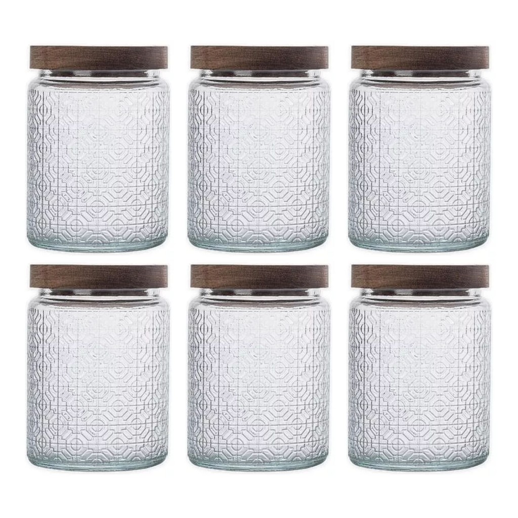 Kit 6 Pote De Vidro Baleiro 750ml Redondo Hermético Tampa Acácia Madeira Rústico Elegante Versátil