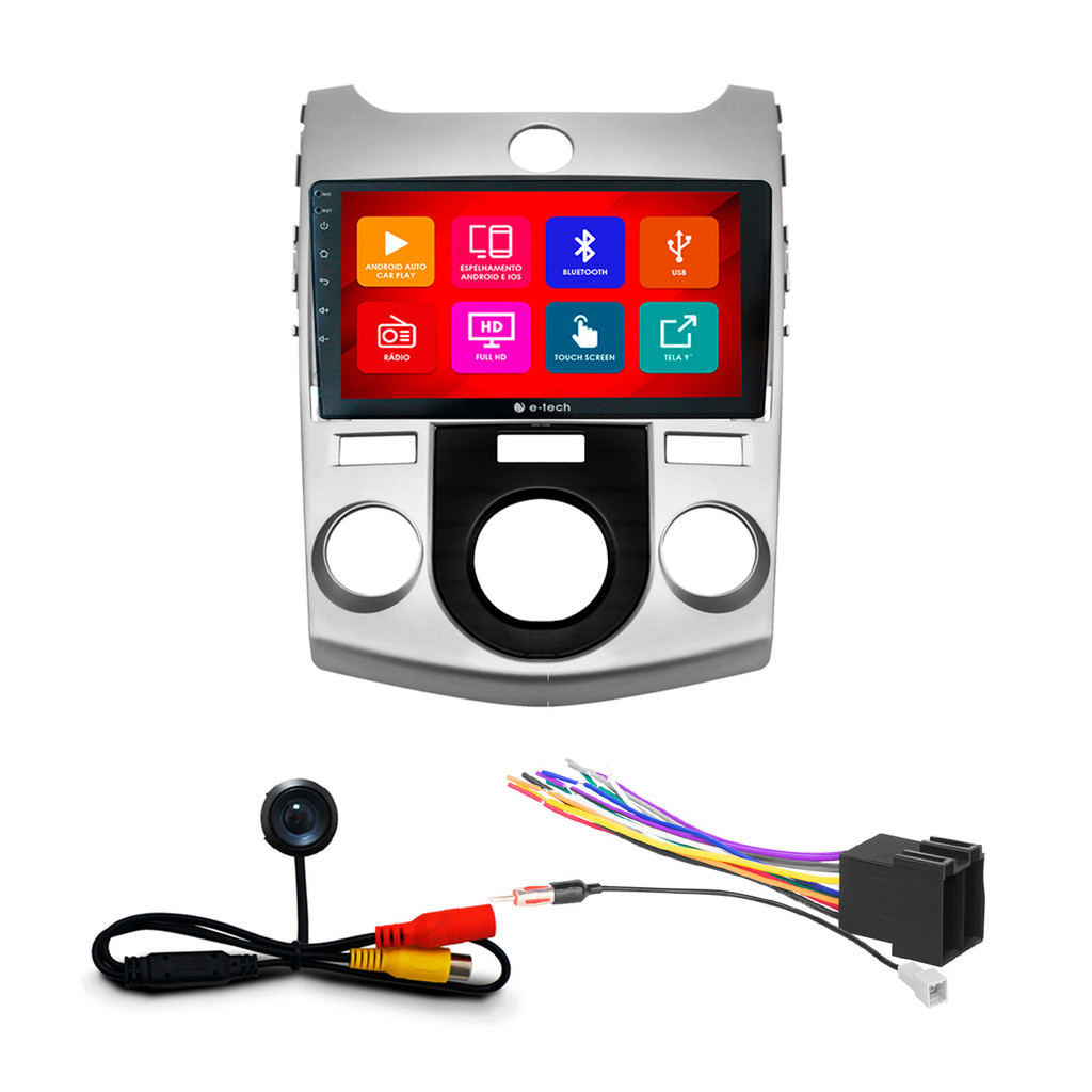Kit Multimídia 9 Pol Cerato Ar Analógico 2009 10 11 2012 Android Auto CarPlay Qa+ 2 Din Prata Espelhamento Android Ios