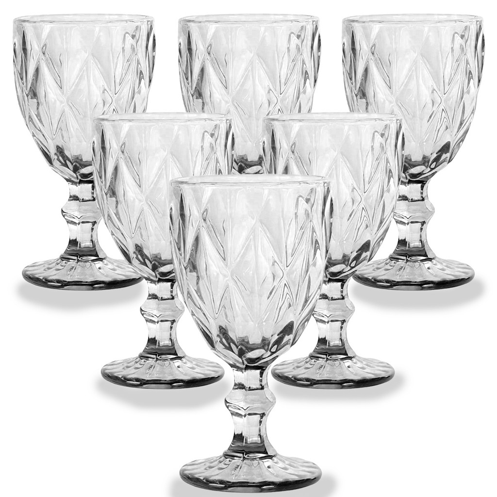 Jogo 6 Taças de Vidro Luxo Diamond Transparente 310ml Vinho Água Drinks Grosso Resistente Diamante