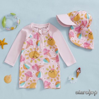 Starshop-Crianças Menina Rash Guard Maiôs Bebida/Sorvete Impressão Manga Longa Roupa De Banho E Chapéu Para Criança Traj em Oferta na Shopee
