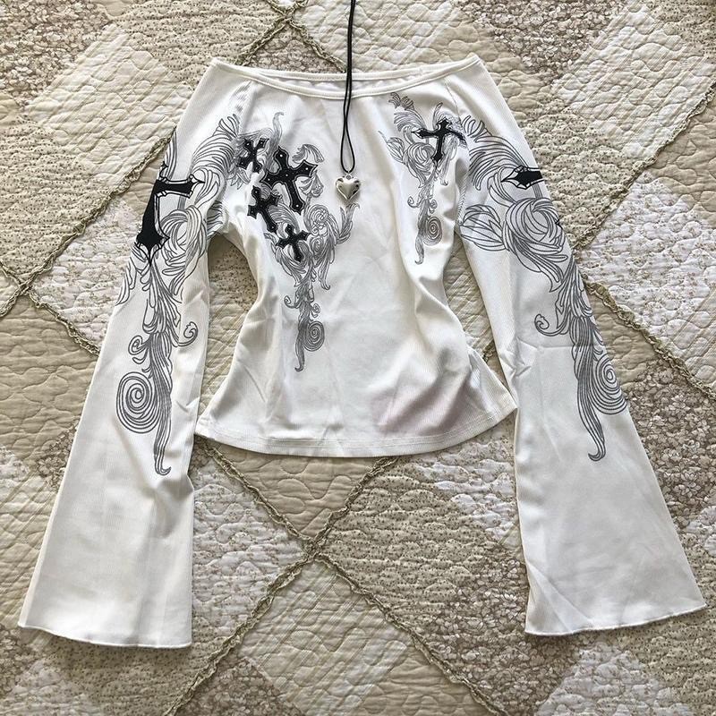 Camiseta Americana Retrô Estampada Manga Trompete Um Ombro Comprida Para Mulheres Y2K em Oferta na Shopee