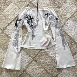 Camiseta Americana Retrô Estampada Manga Trompete Um Ombro Comprida Para Mulheres Y2K em Oferta na Shopee