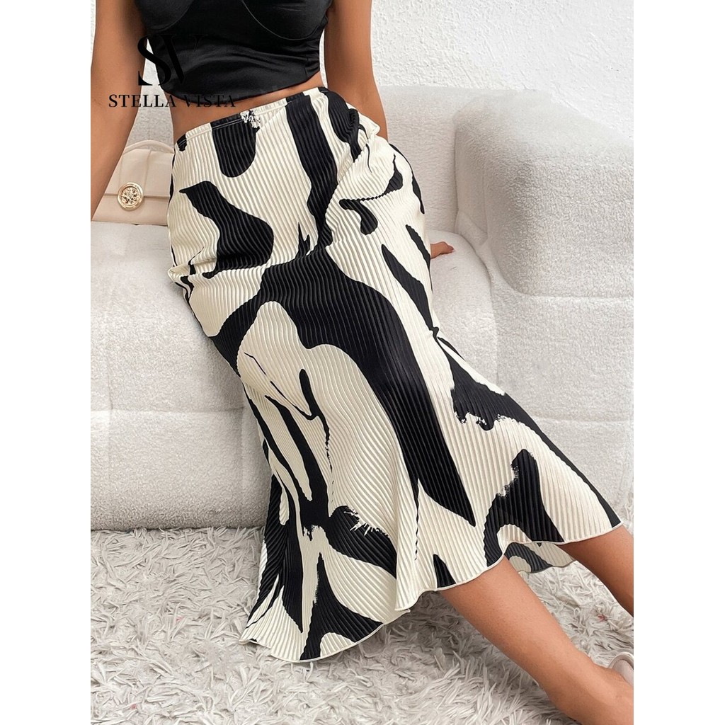 SV Saia mídi feminina elegante plissada com estampa, saia com estampa de ondas.