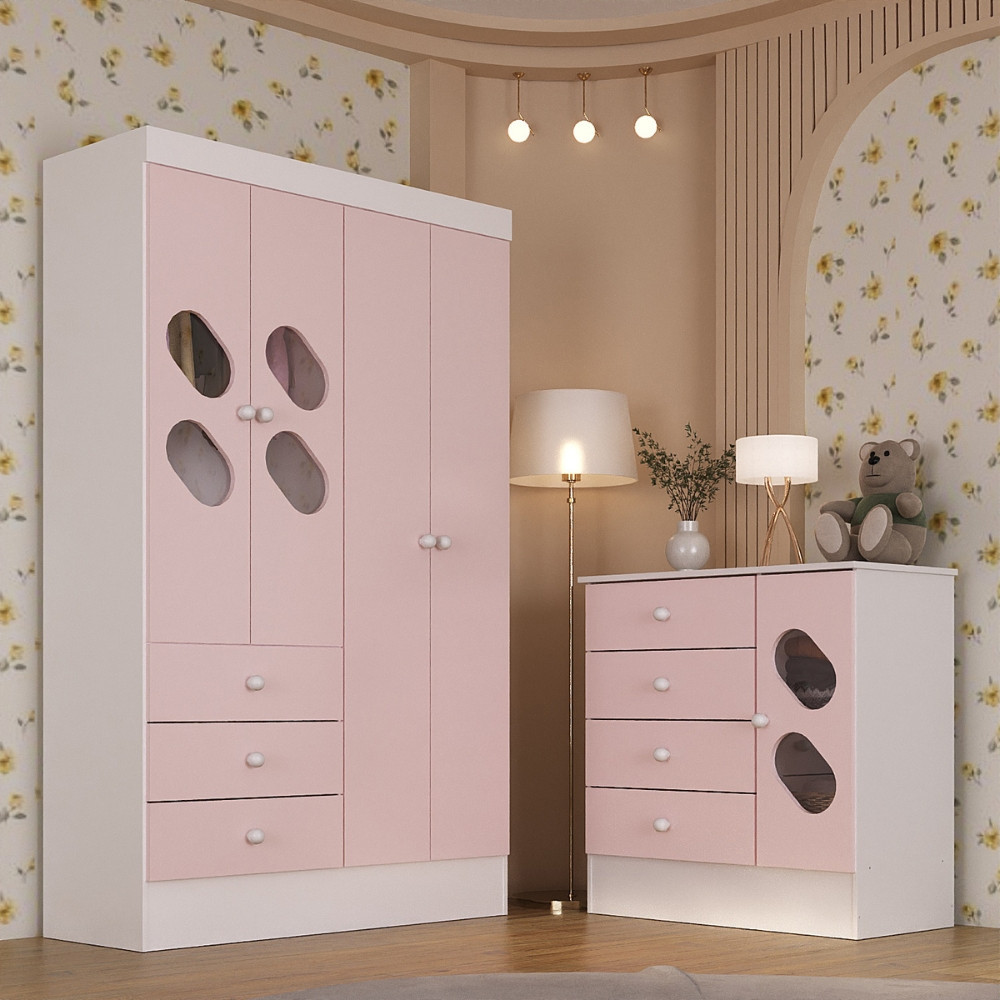 Quarto de Bebê com Guarda Roupa 4 Portas 3 Gavetas e Cômoda 4 Gavetas 1 Porta com Janela Maya Rodial