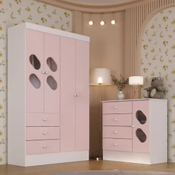 Quarto de Bebê com Guarda Roupa 4 Portas 3 Gavetas e Cômoda 4 Gavetas 1 Porta com Janela Maya Rodial