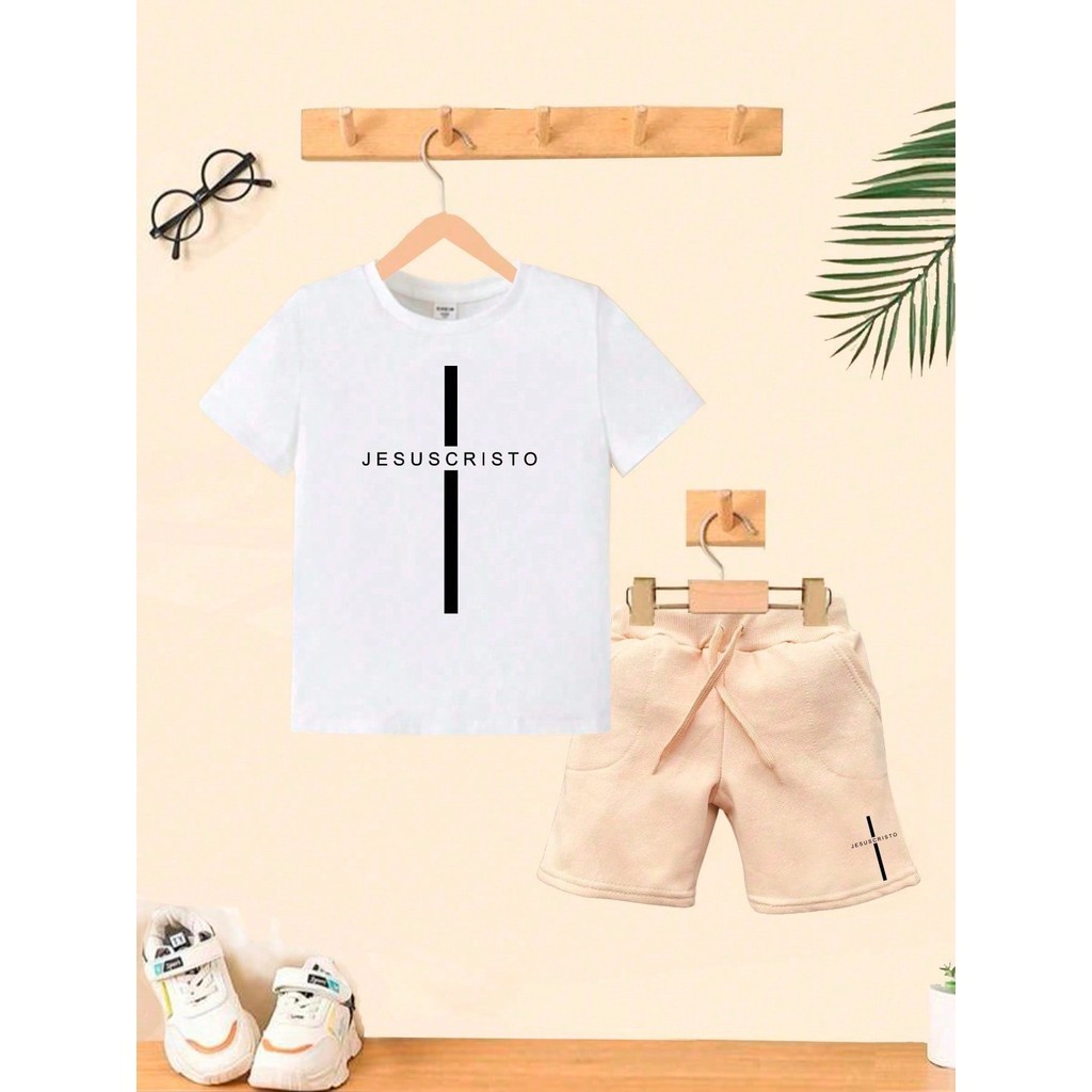 Camiseta + Short  Safari Conjunto Jesus Cristo Infantil Uso Moda Teen Kids Bolso Lateral em Oferta na Shopee