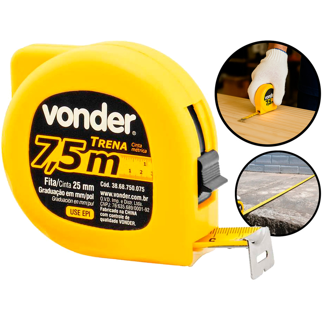 Trena Profissional Fita Métrica Longa Caixa Fechada Plástica Com Trava Presilha 7,5m x 25mm Vonder	