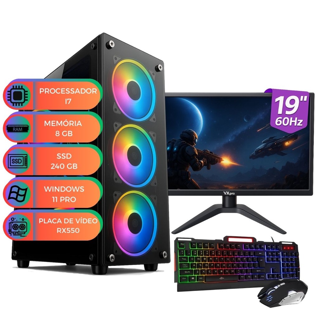 Computador Pc Gamer Up Starter Pro Intel I7 8GB SDD 240 GB Placa de Vídeo RX550 