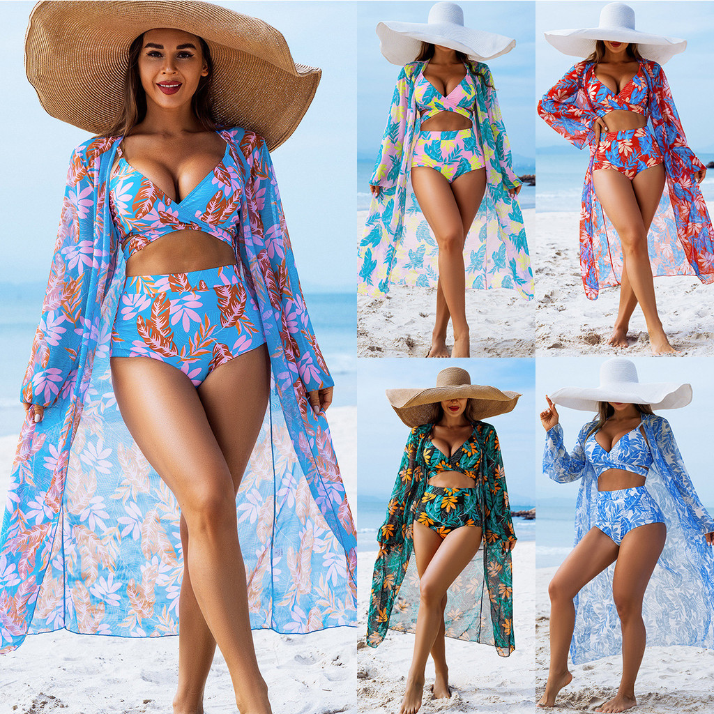 Novo Conjunto de Biquíni de Três Peças com Estampa Floral da Moda  para Férias na Praia biquini com saida de praia