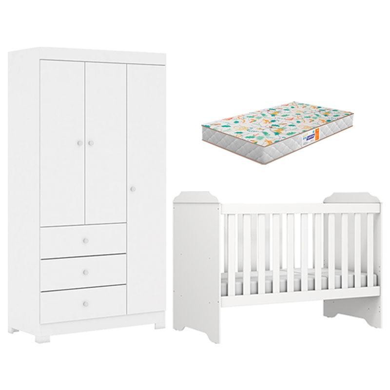 Berço Americano Mini Cama Mel e Guarda Roupa Duda 3 Portas Branco Brilho com Colchão Gazin – Phoenix Baby