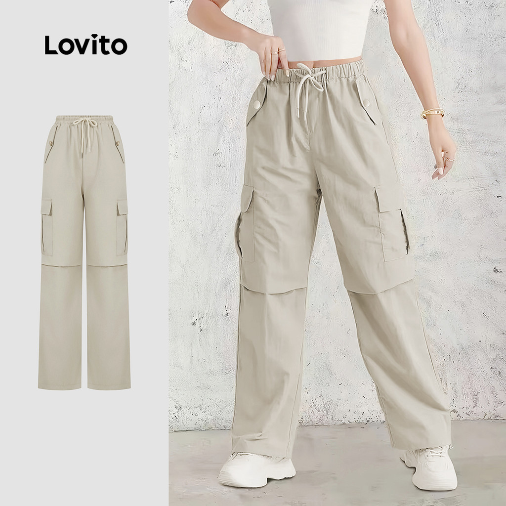 Lovito Calça Casual com bolso liso e cordão para mulheres L132ED218 - Women Clothes
