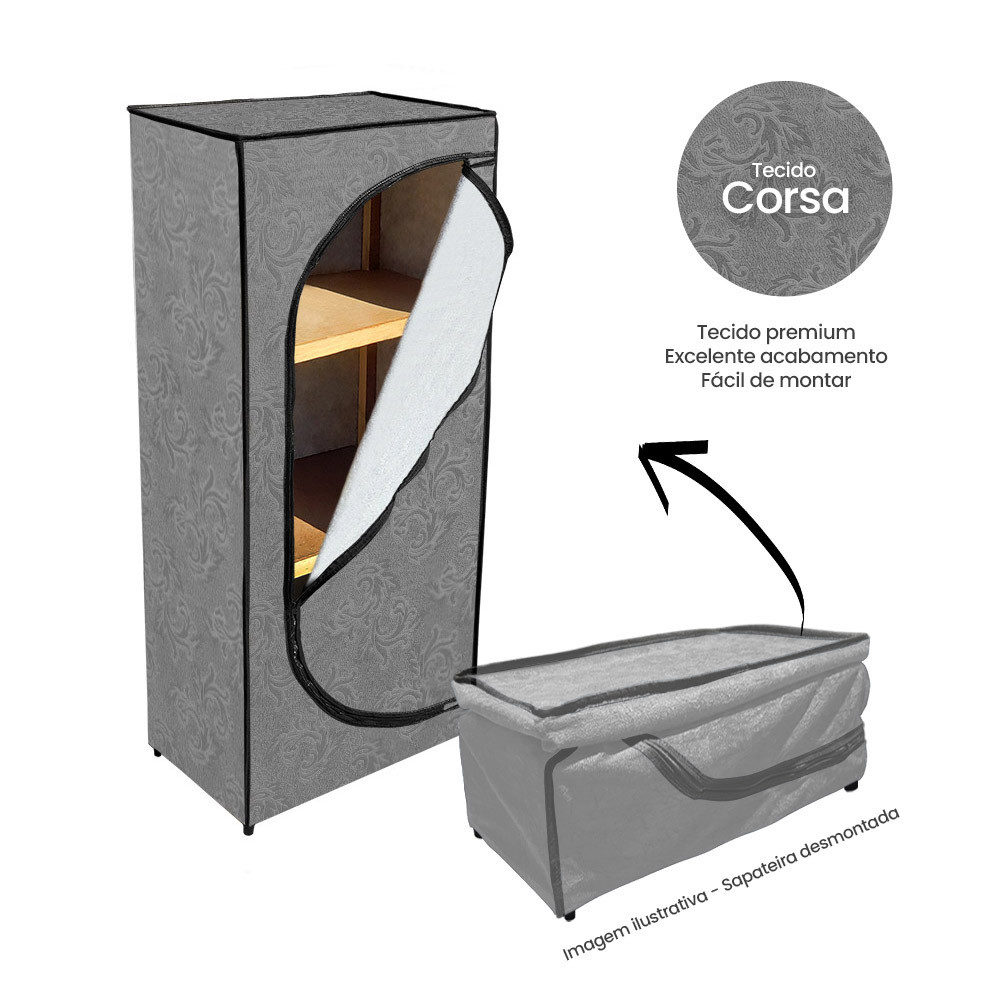 Sapateira Modular Pequena - Ziper Organizadora Calçados Tecido Corsa - Cinza