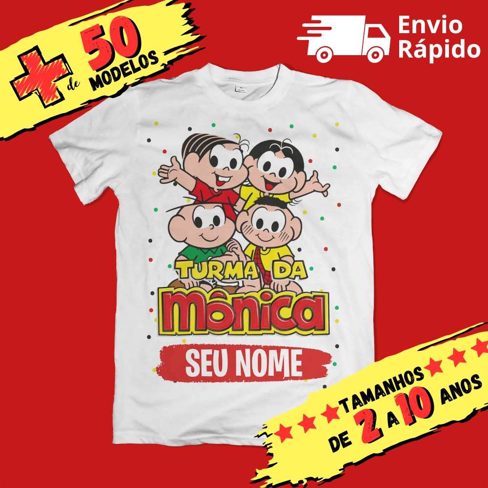 Camiseta Infantil Turma da Mônica Personalizada com Nome (Opcional) Cascão Cebolinha Magali Chico Bento Bidú Horácio