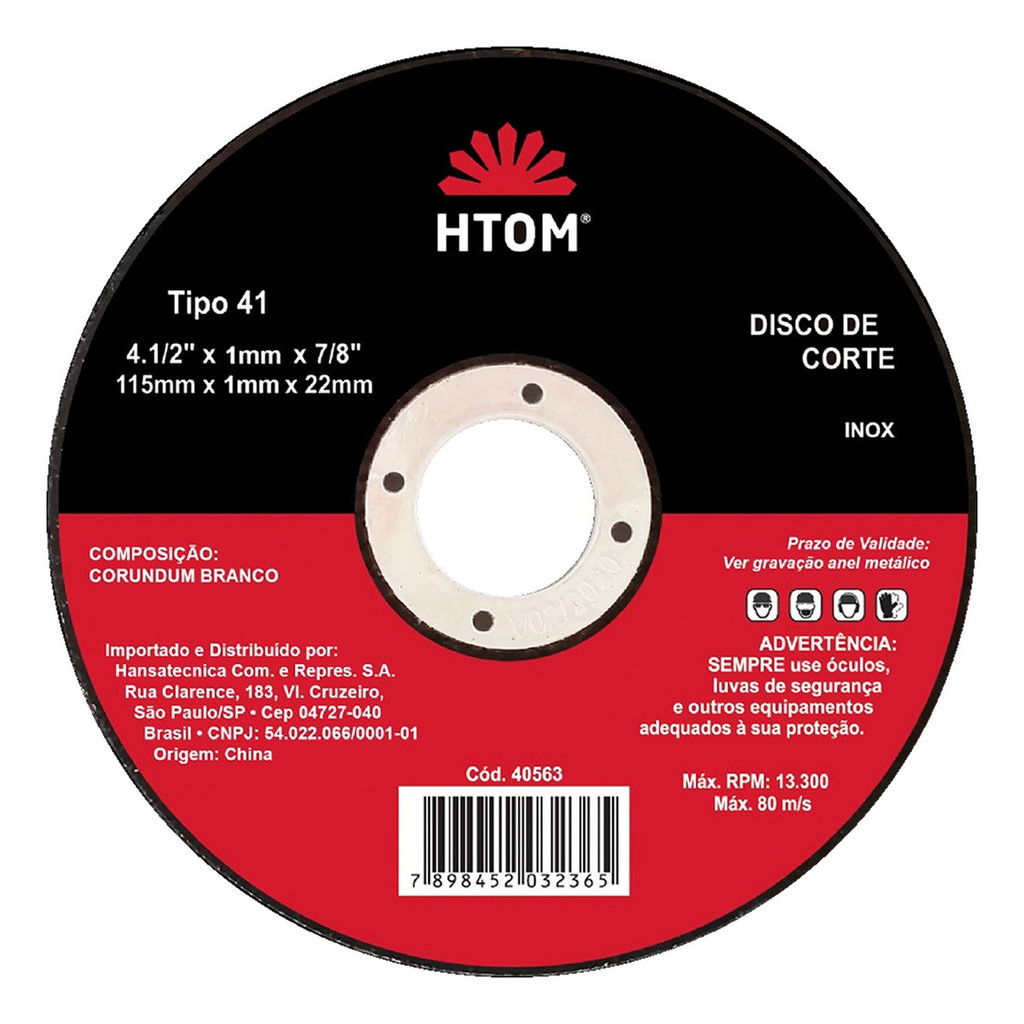 Disco Corte Fino 1mm  4.1/2'' Inox Metal Esmerilhadeira Htom