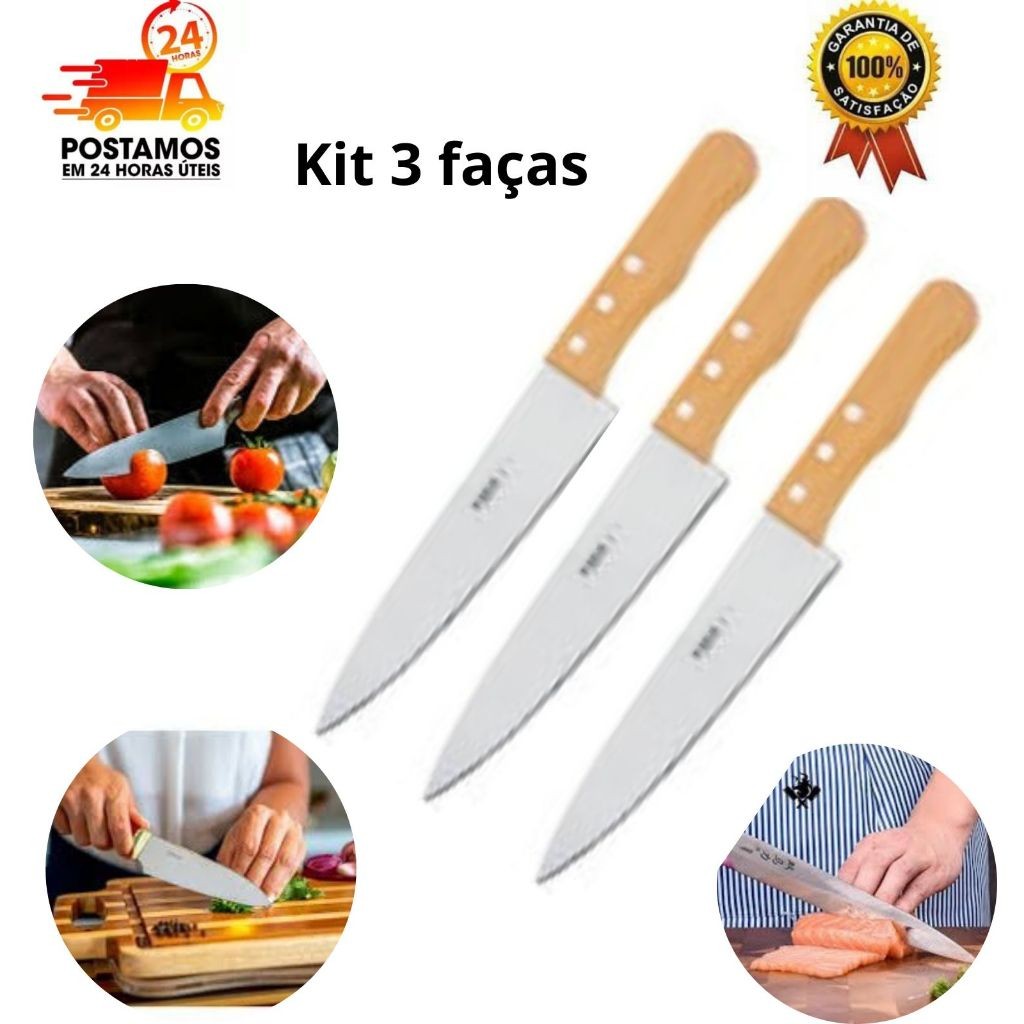 kit 3 Facas de Cozinha Aço Inox Cabo de Madeira 5´´ Carnes Saladas Legumes Churrasco em Oferta na Shopee
