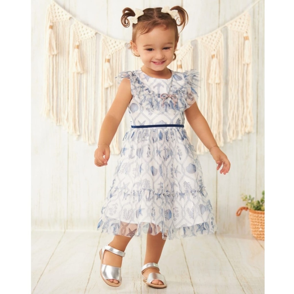 Vestido Tule  Bebê Estampa Nautica - Bambollina