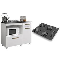 Kit Balcão Para Cooktop Cozinha Kaiki Violeta com Fogão Cooktop Chef 4 Bocas Ultra Chama Chamalux Preto