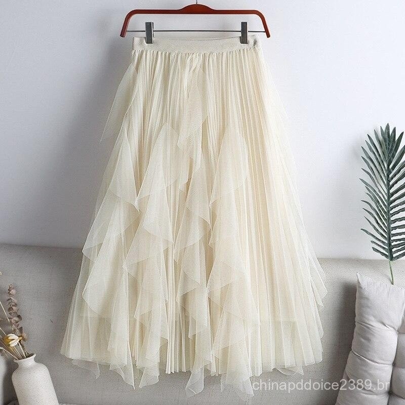 Qooth Saia Tule Mulheres Outono Lisa Cor Midi Mesh Linha A Saia FCute Cintura Alta Gaze Pregueada Longa QT1240 em Oferta na Shopee