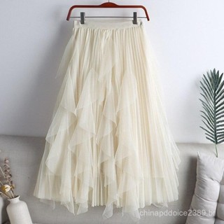 Qooth Saia Tule Mulheres Outono Lisa Cor Midi Mesh Linha A Saia FCute Cintura Alta Gaze Pregueada Longa QT1240 em Oferta na Shopee