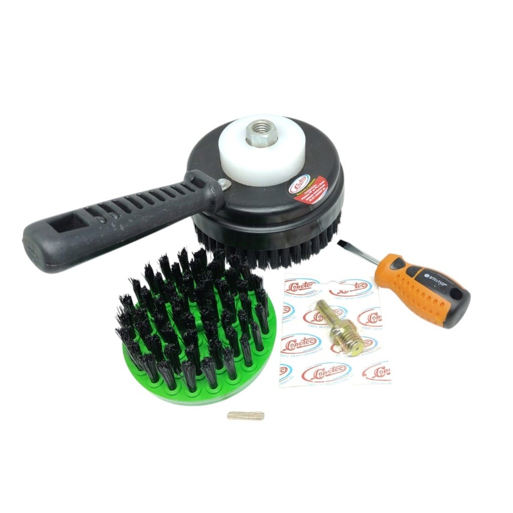 Escova de limpeza com Capa Rotativa para uso em parafusadeira e politriz c/ 2 escovas eixo adaptador em Oferta na Shopee