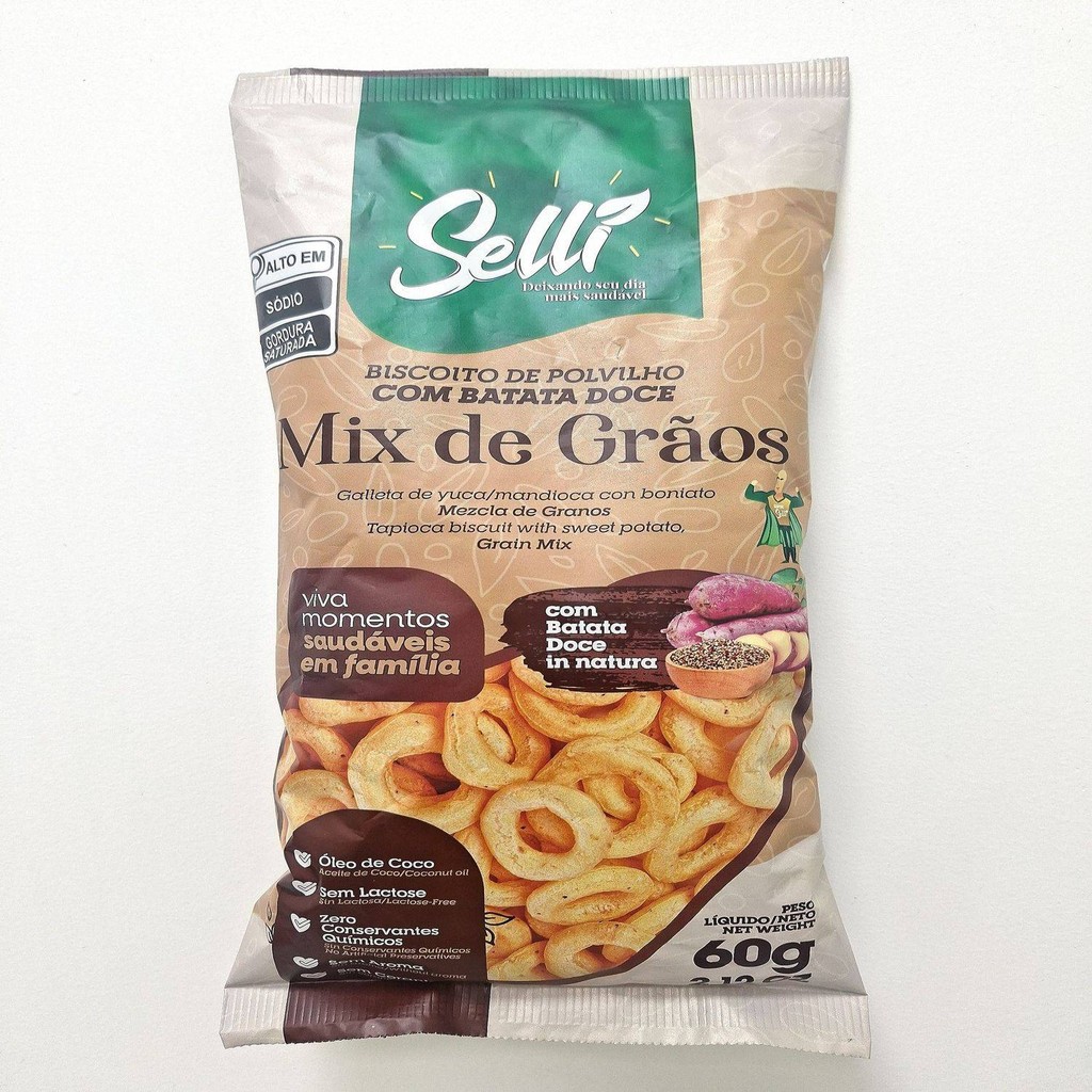 Bisc. Polvilho batata doce Mix  de Grãos - Selli 60g em Oferta na Shopee
