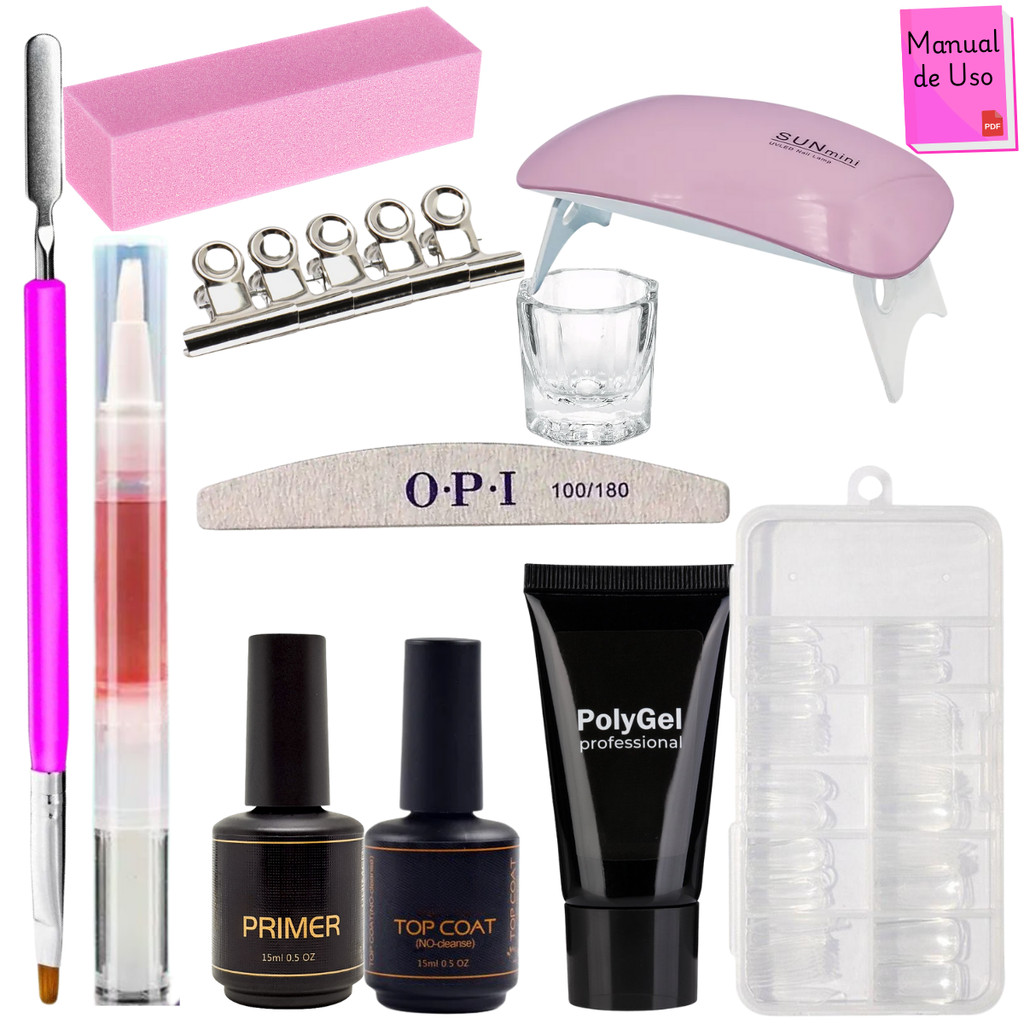 Kit Polygel Alongamento De Unha + Molde F1 + Lixa + Top Coat + Primer + Cabine Sun Mini Poligel Alongamento Unhas Poly G