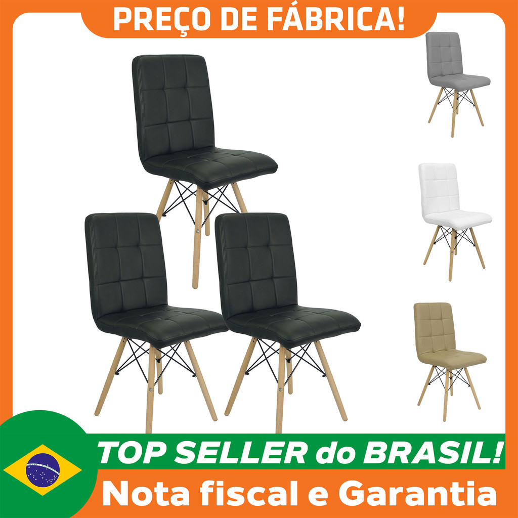 Kit 3 Cadeiras Gomos Eiffel Eames Fitz Dublin Estofada Base Madeira