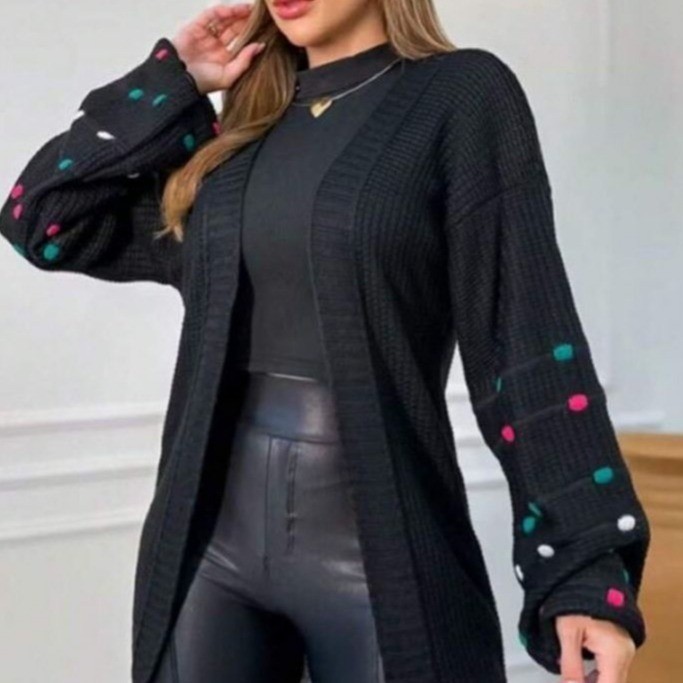 Cardigan Trico Pompom Bolinhas Manga Longa Bufante Frio Noite Quentinho Outono Inverno Kimono Casaco